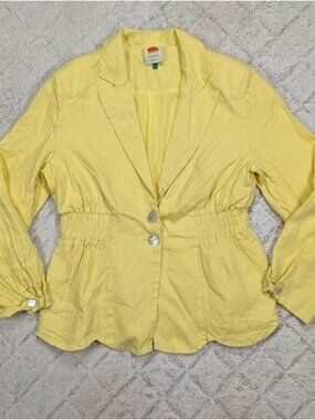 Farm Rio Jacket Womens L Yellow Linen Blazer Peplum Scalloped Hem Preppy
